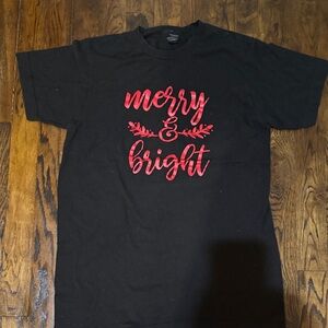 Black T-Shirt with Red 'Merry & Bright' PrintChristmas)